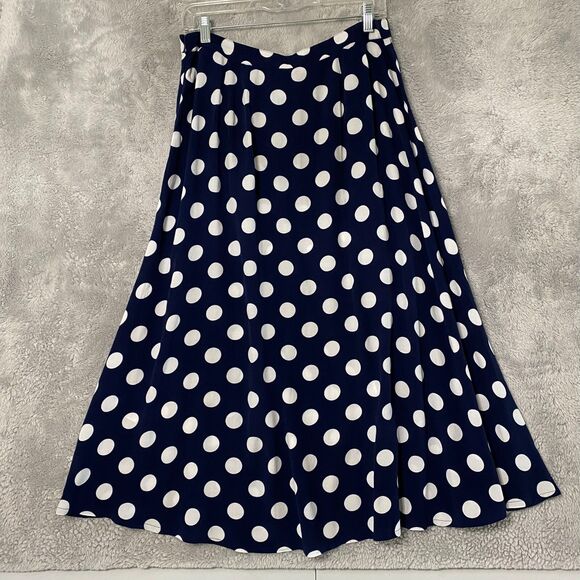 Talbots Women’s Midi Skirt A-line Flare Navy Blue Polka Dot Size 10 Faux Button - Picture 7 of 12
